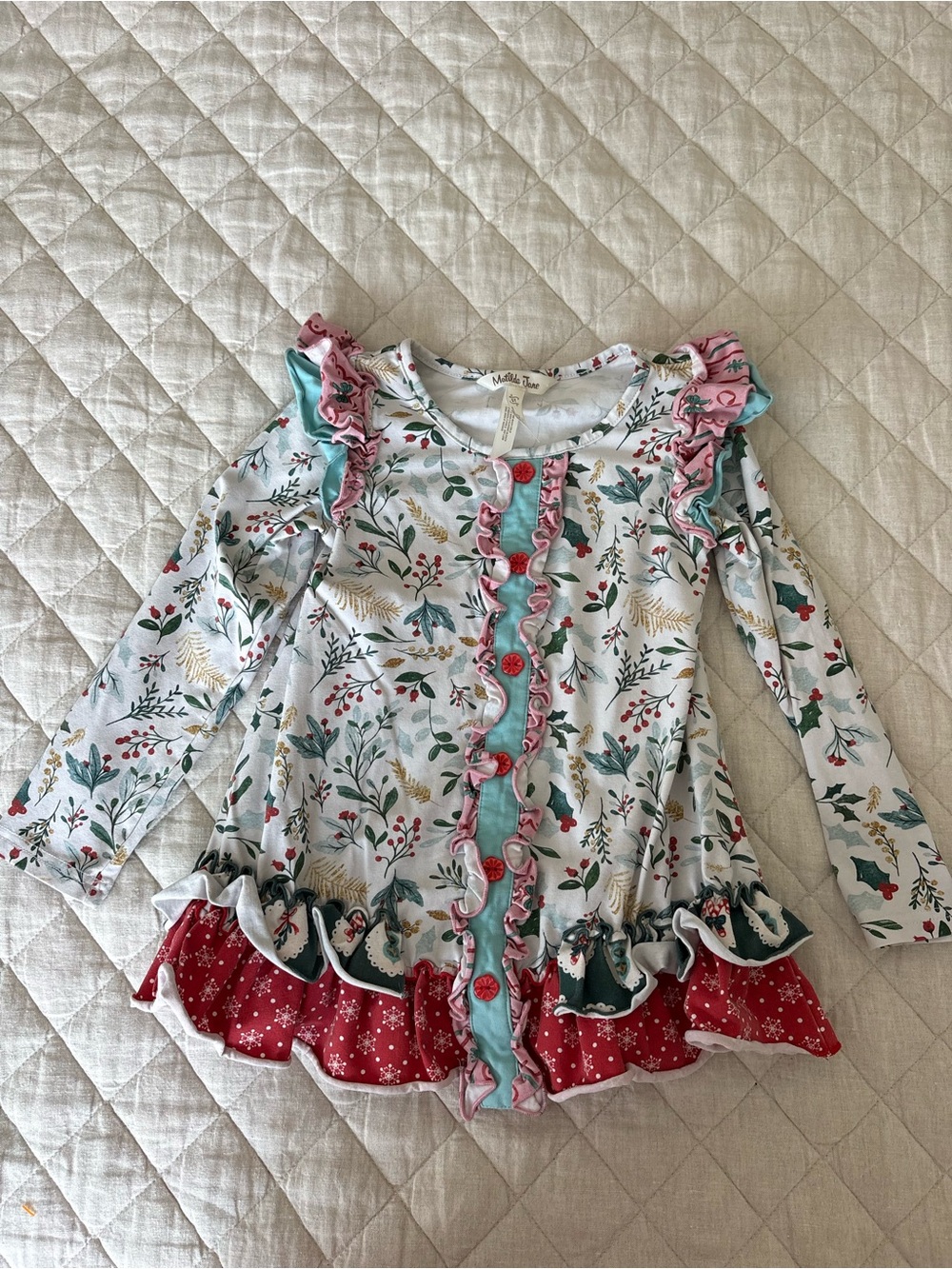 Matilda Jane White Floral Ruffle Long Sleeve Top with Red & Teal Accents